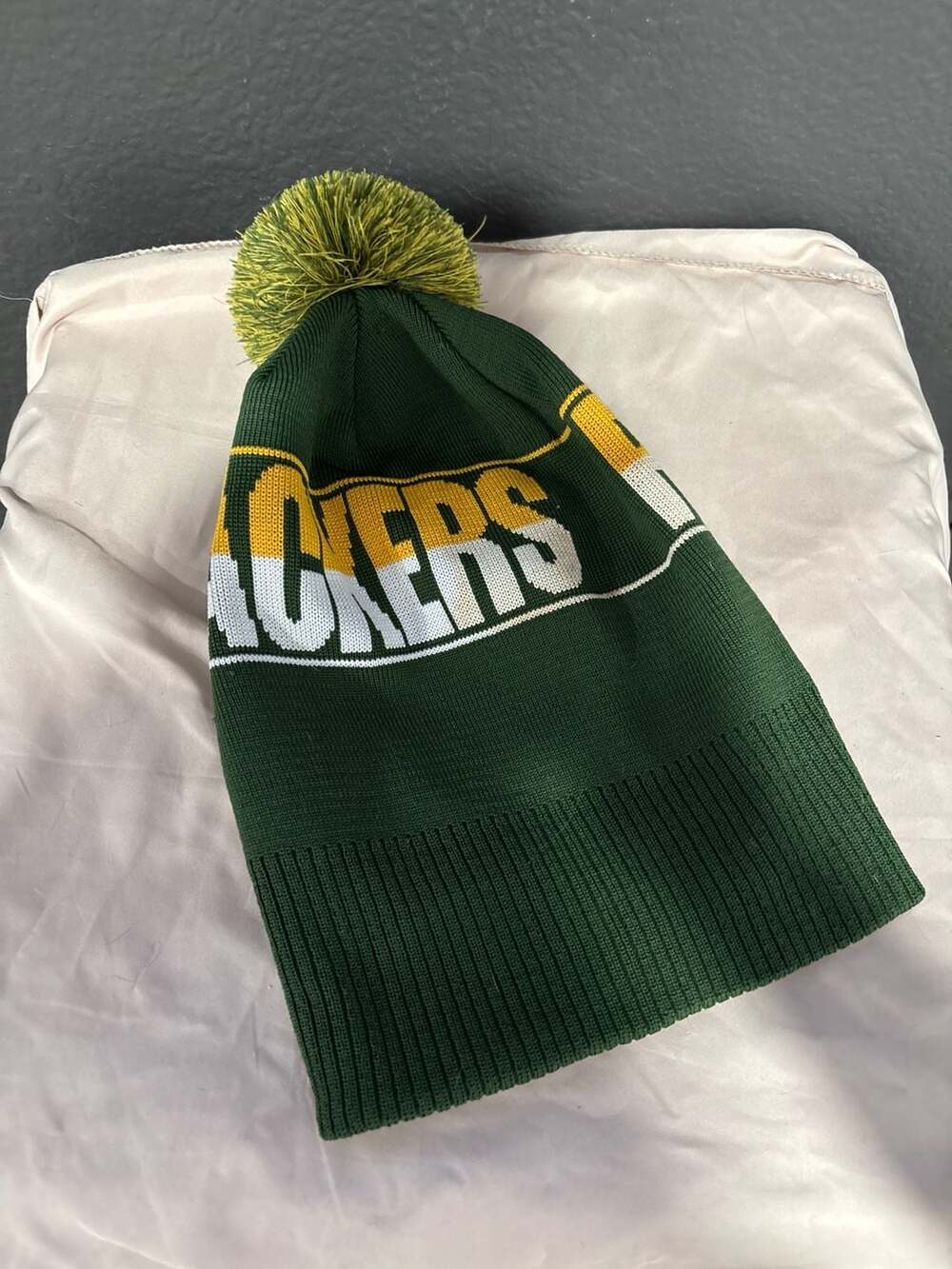 Green Bay Packers Knit Pom Beanie Hat Green Yellow White Split Text